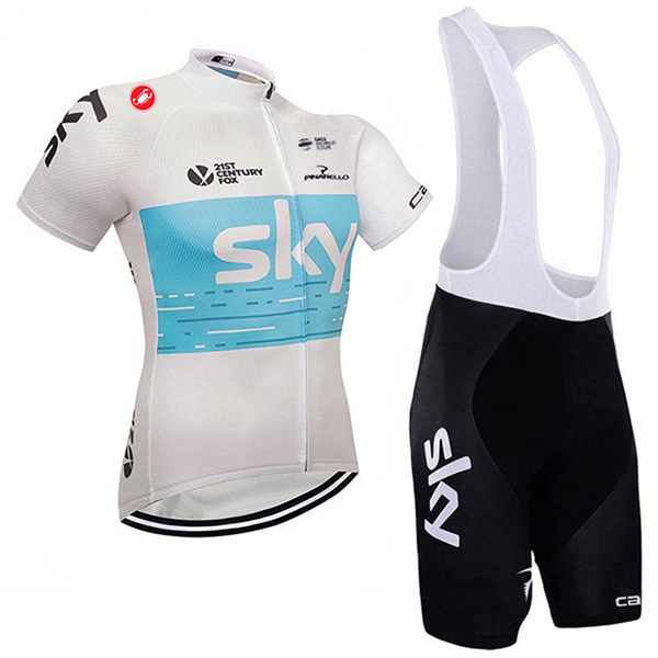 Sky 2018 Radbekleidung Satz Trikot Kurzarm+Trägerhosen Sets Weiß Blau