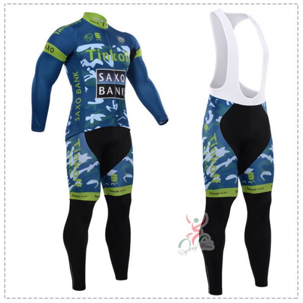 2015 Tinkoff Saxo Bank Camouflage Blau Fahrradbekleidung Radtrikot Satz Langarm und Lange Trägerhose Grün KDYR476