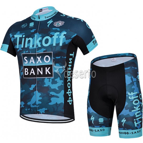 2015 Saxo Bank Tinkoff Radbekleidung Radtrikot Kurzarm und Fahrradhosen Kurz Camouflage Blau VTXH393