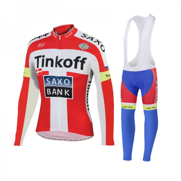 2015 Tinkoff Saxo Bank Rouge Fahrradbekleidung Radtrikot Satz Langarm und Lange Trägerhose DJHC993
