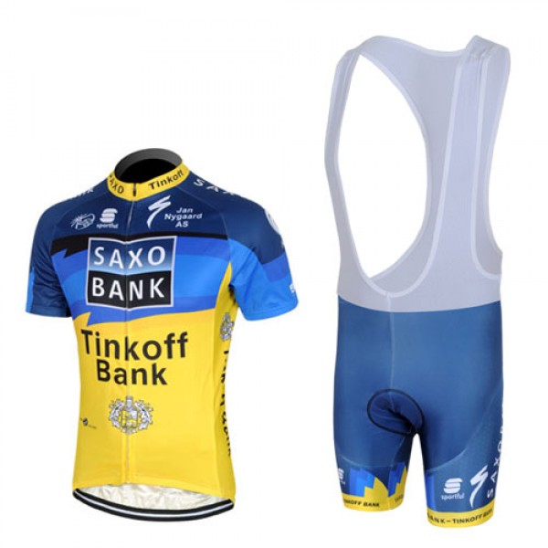 2013 Saxo Bank Tinkoff Pro Team Fahrradbekleidung Satz Fahrradtrikot Kurzarm Trikot und Kurz Trägerhose Blau Gelb USWQ510