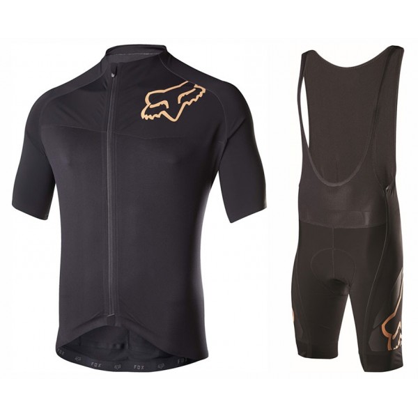 2017 Team FOX Homme Schwarz Gold Fahrradbekleidung Satz Radtrikot Kurzarm+Kurz Trägerhose 258CCMF