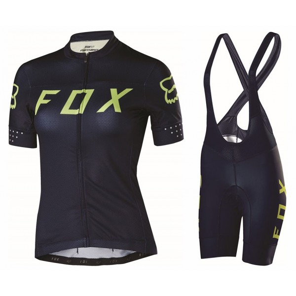 2017 Team FOX Damen Schwarz Gelb Fahrradbekleidung Satz Radtrikot Kurzarm+Kurz Trägerhose 333SGAW